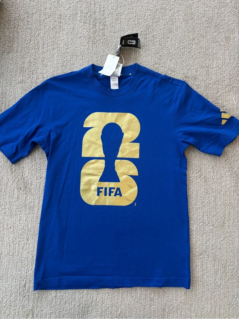 adidas Blue FIFA Graphic Tee with Gold Trophy Motif